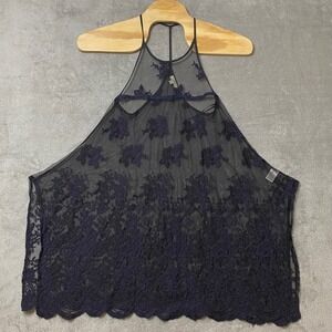 Kori America Lace Lingerie Dress Lace Floral Tunic Tank Top Navy Blue Size L